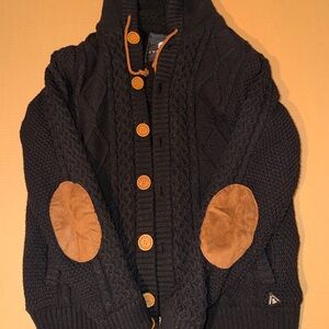 American Stitch Black Hooded Cable Knit Cardigan with Tan Elbow Patches